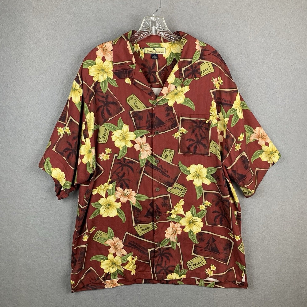 VTG Tommy Bahama 100% Silk Shirt Button Up Red Ticket To Relax Camp Collar Men L